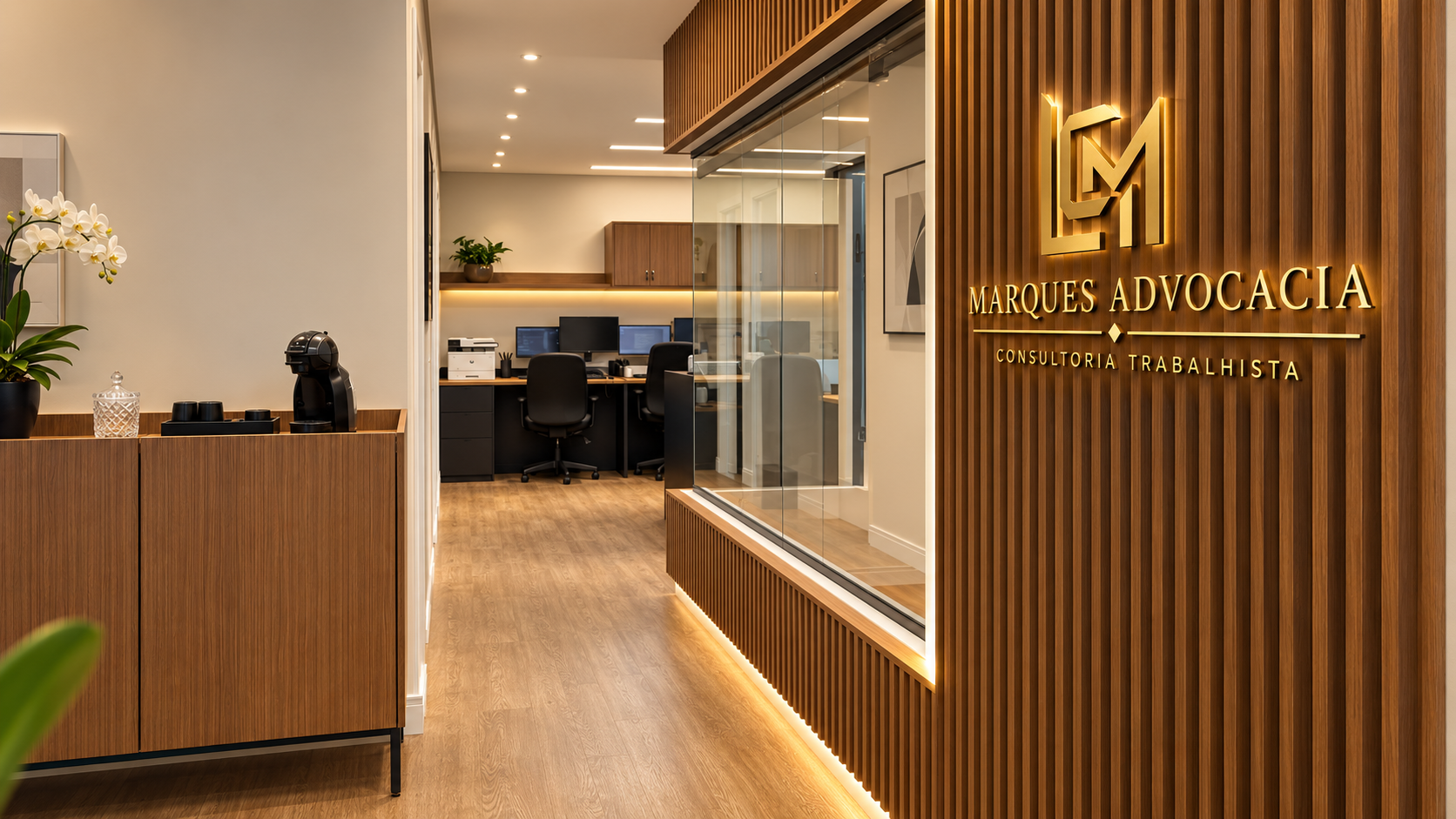 Recepção do escritório com tratamento visual e simulação da marca dourada no painel amadeirado